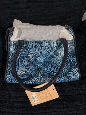 Blue Embossed Floral Leather Tote